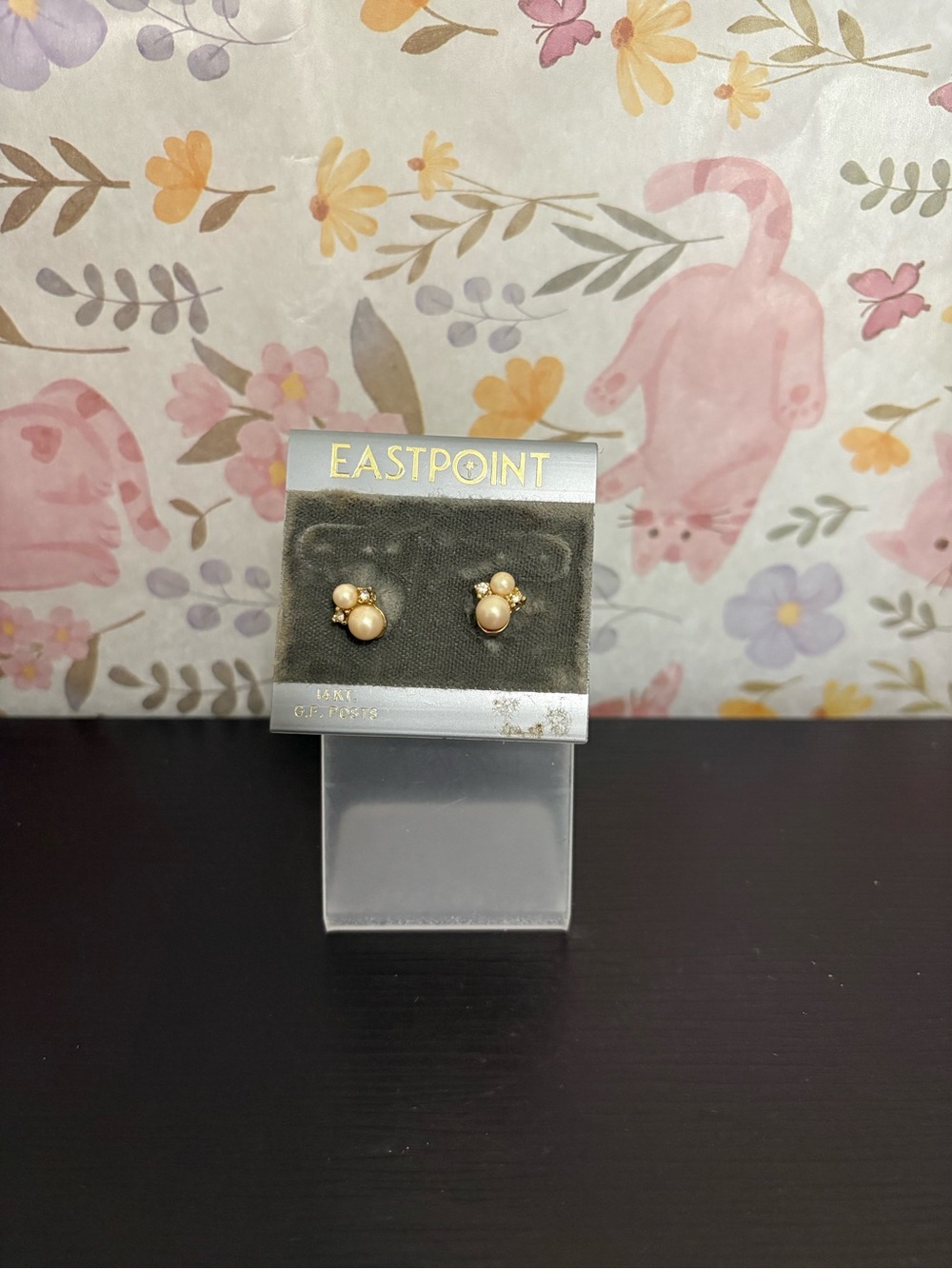 Eastpoint faux pearls rhinestone stud earrings. 14k gold filled post. New.